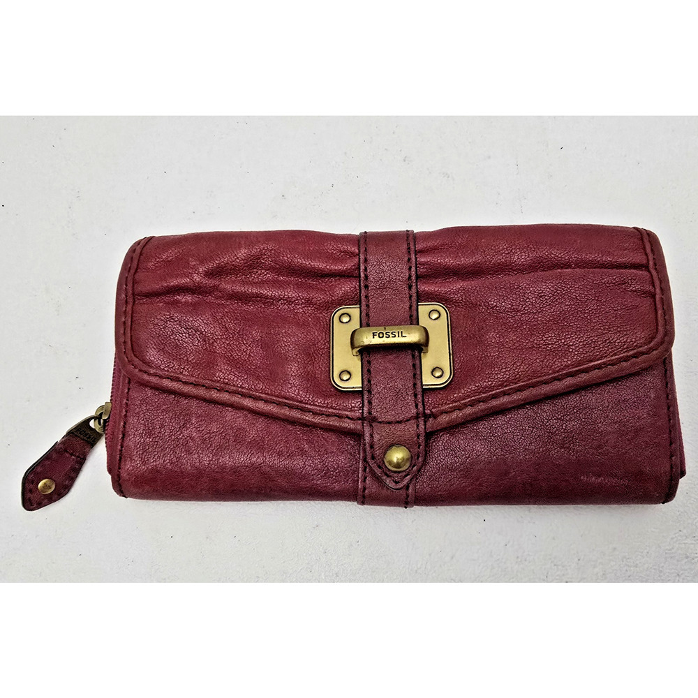 Fossil Mauve Leather Clutch Wallet Fold Over Snap Closure Zippers Classic Retro
